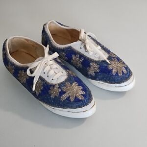 Vintage Blue & Grey Beaded Sneakers Leather White accents & Tongue